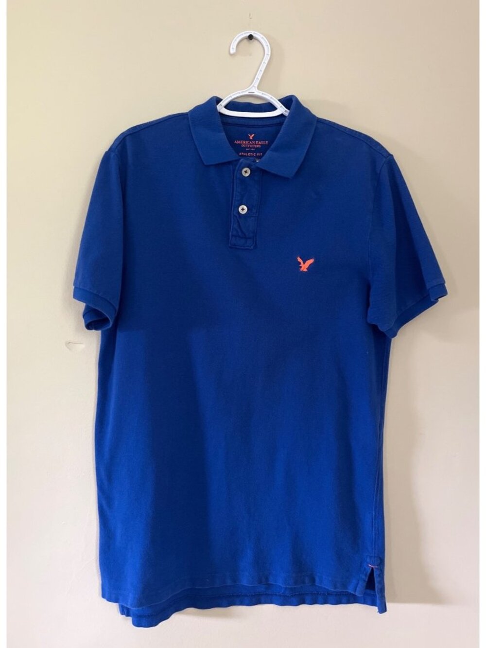 American Eagle Outfitters Mens Medium Blue Short Sleeve Polo Shirt Orange Logo